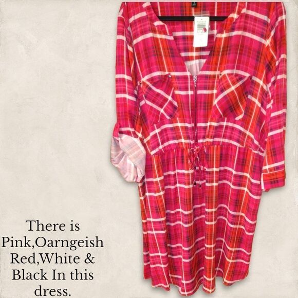 TORRID Plus Size  Zip Front Plaid Pink Stretch Challis Shirt Dress - Picture 4 of 16